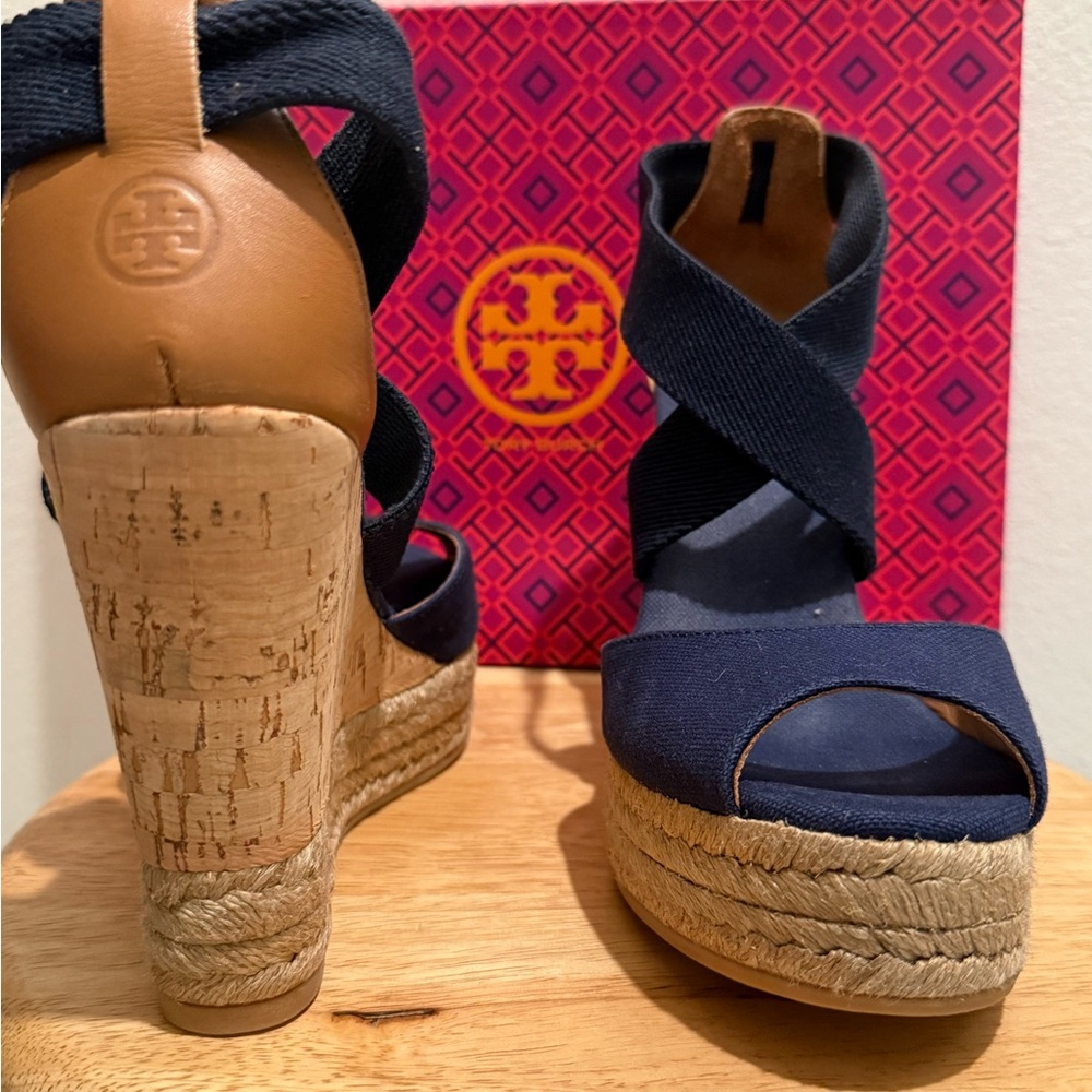Tory Burch 115mm Peep-Toe Cork Wedge - Navy